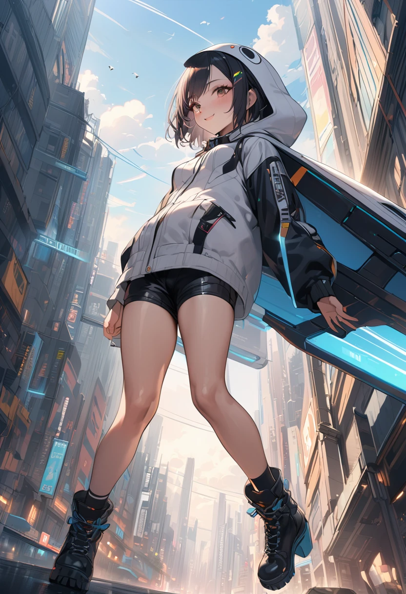 (Masterpiece, BestQuality), (hyperrealistic),cyberpunk,((girl is flying in the sky on a mechanical glider)),detailed glider, BREAK (15yo,short hight,black short hair,middle small breasts,Black penguin hood, white penguin robe, webbed boots),BREAK smile,dynamic angle,absurd, unusual, extraordinary, in ruined cyberpunk city,japan, intricate details, depth of field,portrait, sharp,