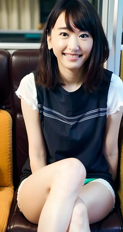 Highest quality, masterpiece, Ultra-high resolution, (Realistic:1.4), One Girl, beautiful日本人女性, beautiful肌, Black Hair:1.7, gakki, ((short hair:1.5)), Age 25, Smile happily:1.2, (Colorful panties) (uniform), masterpiece, 8k, Very detailed, beautiful , (Showing off panties from the front:1.2), (The background is inside a train:1.03), (Focus between the legs:1.24), High seating position
