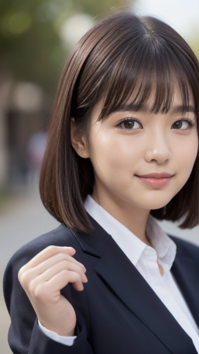 masterpiece）、(Highest quality:1.5)、(Photorealistic:1.2)、(超Realistic), (High resolution), (Realistic), (Post-processing),(Sharp focus), Sharp focus:1.2,Backlight, (Improvement of quality:1.4), (Narrow waist)、((Perfectly detailed five-fingered hands)),（Anatomically correct body）、((1 female:1.4))、Japanese、Realistic Skin、（Small chest：1.4）、Bust size is A cup、A pretty woman with a slender figure:1.4,(from the front:1.5), (Enhances the beauty of skin texture:1.1),No makeup、美しいBlack Hair、smile、Natural color lip、(Small Mouth:1.4)、The mouth is not open、Thick lips、(Oval Face)、Even bangs、Hide eyebrows with bangs、((33-year-old woman))、Bob Hair、Hair blowing in the wind, (Black Hair, Iris, Watery eyes, Shining Eyes, Bob cut hair,), Hair behind the ear、No makeup、(Drooping eyes)、(((One lovely woman)),((優しい大きなsmile)),(( Small breasts,Small breastsの谷間)),((((Plump Cheeks)))),very cute,(Baby Face),Raccoon face,1 girl, (Please wear your high school blazer uniform:1.2),
street, Place your hand on your chest, View your viewers, Realistic,      
 