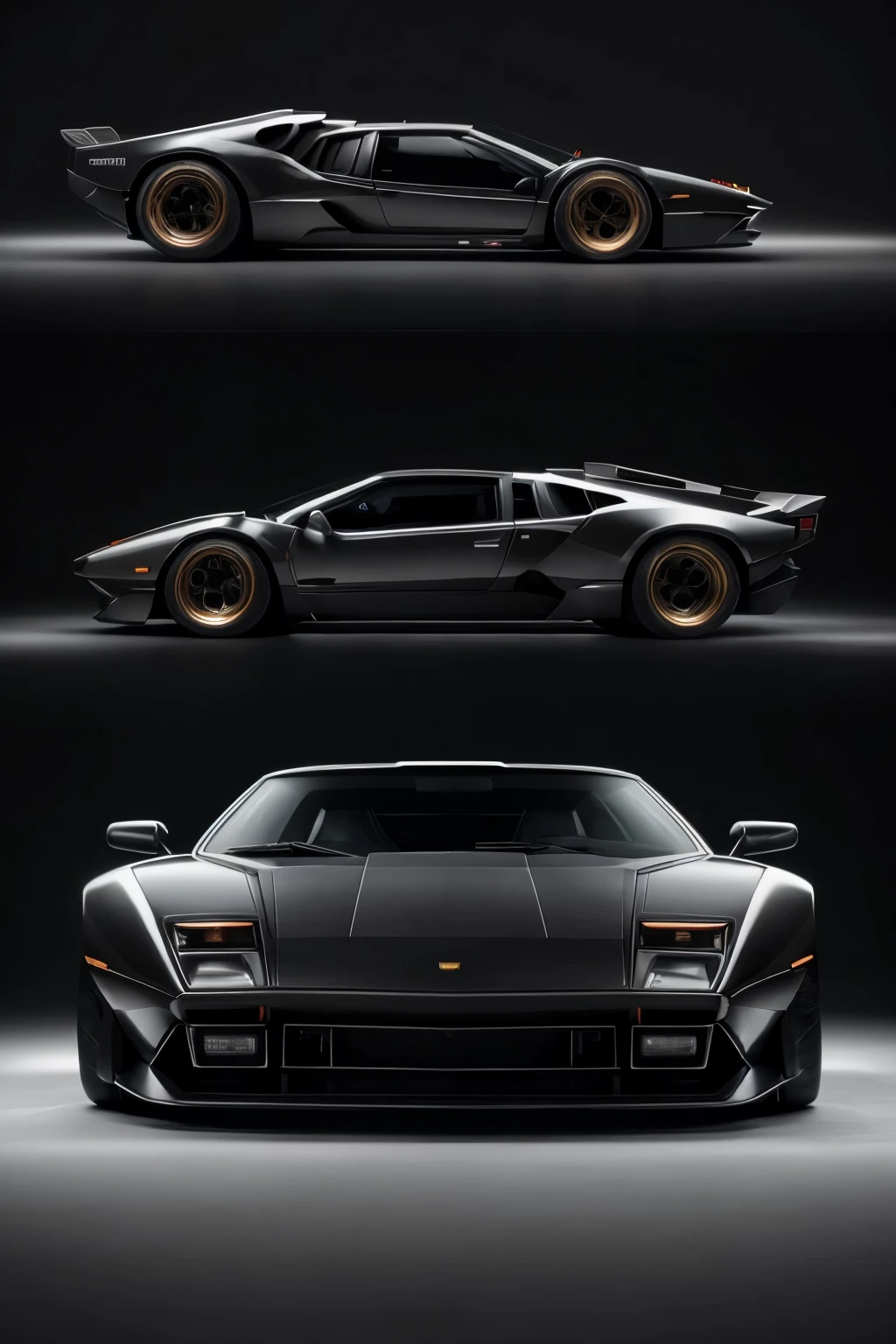 A fusion of Lamborghini Countach and K.I.T.T. from Knight Rider, ((hybrid appearance)), ((stunning realism)), featuring a sleek Lamborghini Countach body with K.I.T.T.'s iconic front grille, ((Countach-KITT fusion)), glossy black exterior, ((metallic finish)), scissor doors, ((iconic Countach feature)), and K.I.T.T.'s flashing lights and computer display on the dashboard, ((K.I.T.T. elements integrated)), capturing the essence of both iconic vehicles, ((cinematic flair)), high-definition visuals,
