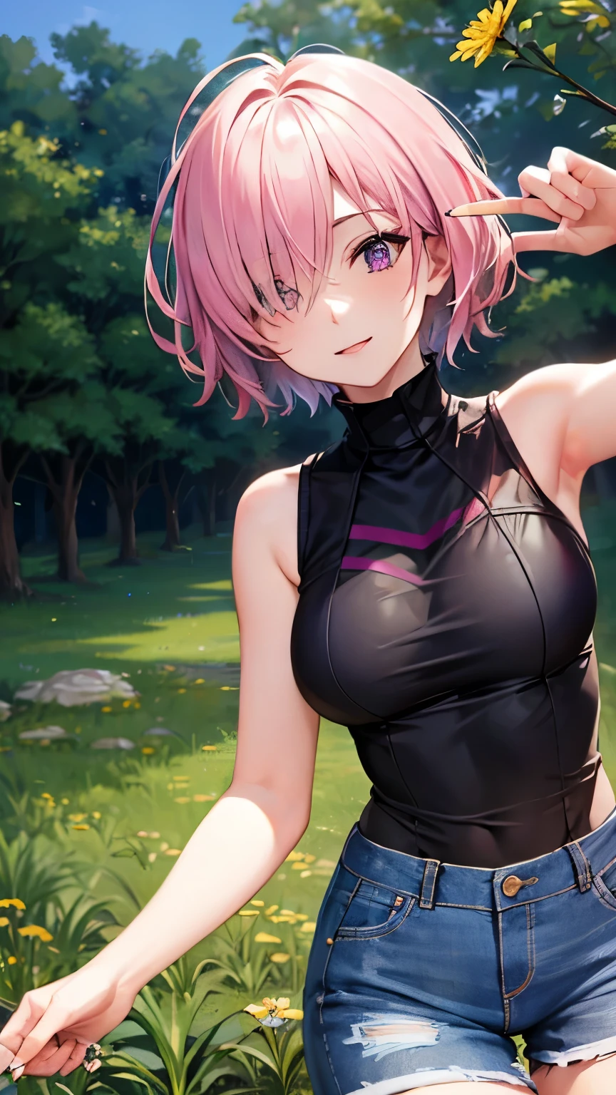 ((masterpiece)), (Top quality portraits), 1 Female, With dandelions, (Hair on one eye), Pink short haircut, Wearing a black turtleneck sleeveless T-shirt, Denim pants, In the dandelion field, Beautiful eyes in every detail, Gorgeous face with attention to detail, Perfect body, Dynamic pose, Perfect Shading, Intricate details, Pixiv, Krentz Kuschaert, (Hair on one eye), Brown Pixie Haircut,
