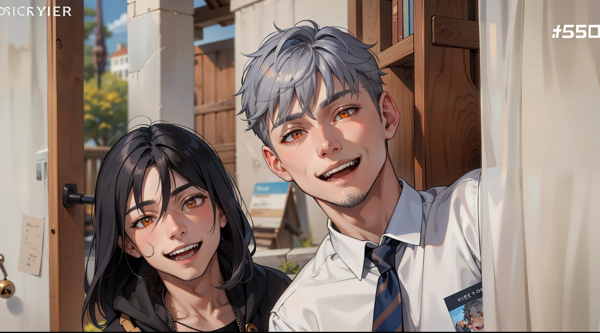  a boy and a  boy, gray hair orange eyes, They are smiling mischievously