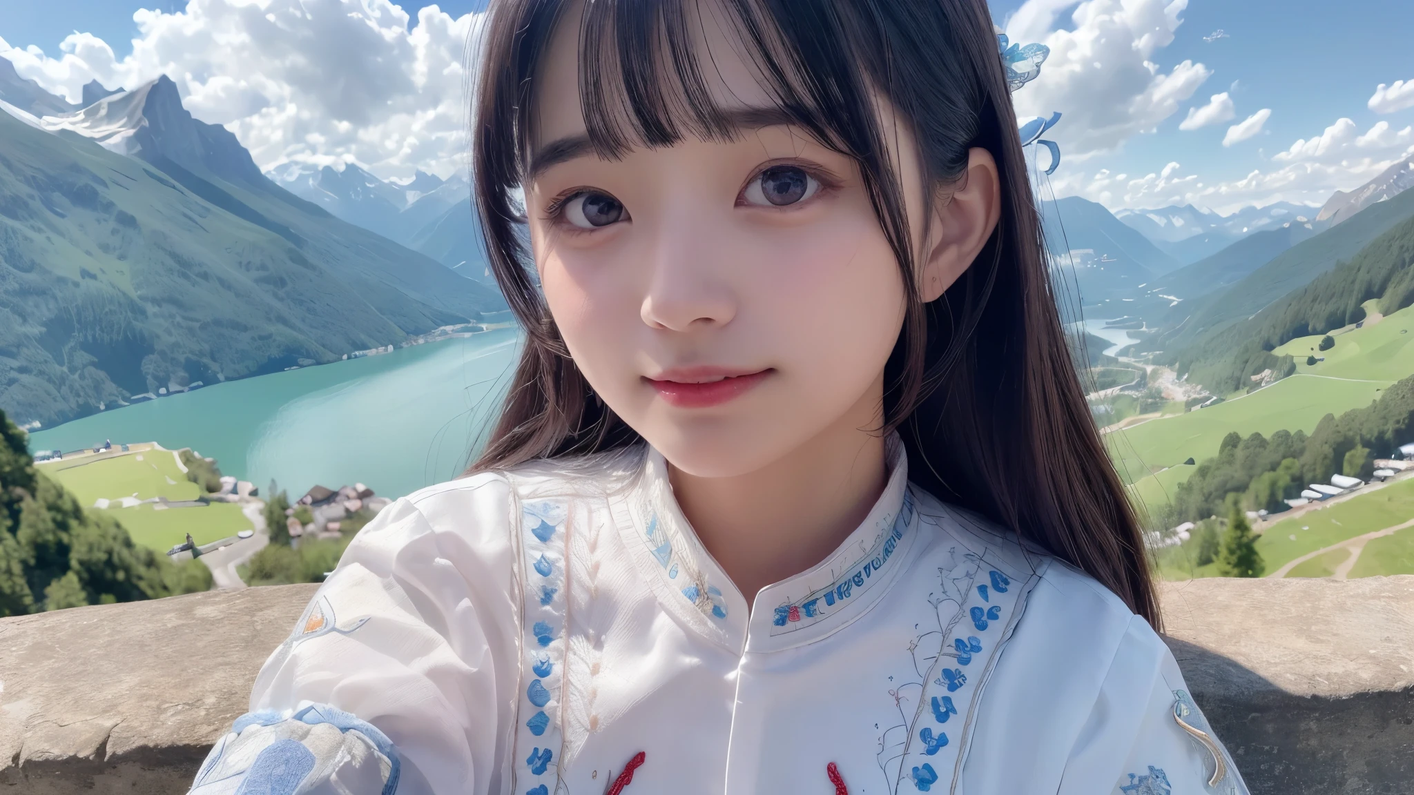 (Highest quality、masterpiece、Poster)、Realistic photo、One Girl、bangs、Looking into the camera、smile、White blouse、Sexy Costumes、(Detailed embroidery:1.5)、Blue embroidery、Sky blue skirt、Lace ornament、Headband、gem、Idol、Cute pose、Mountains of Switzerland、Rocky Mountains、Clear skies、Commemorative photo、