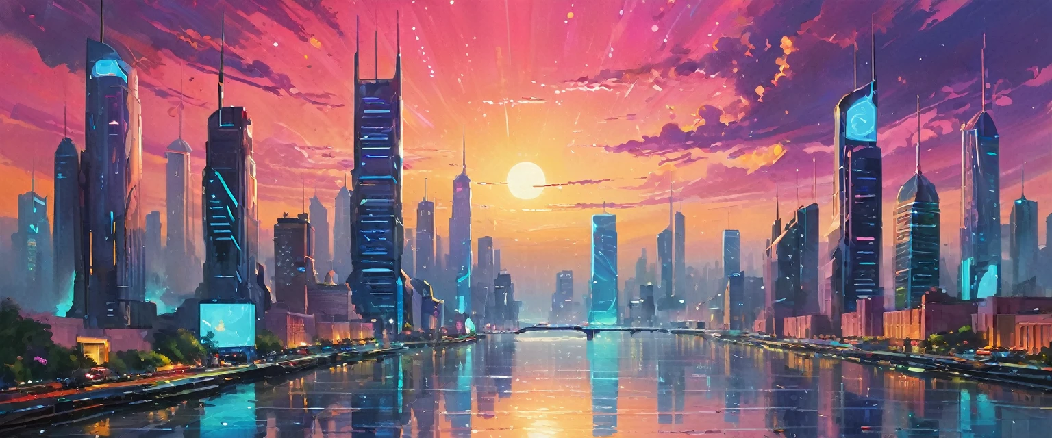 ((Masterpieces with up to 16K resolution):1.6), ((Intricate details):1.4), ((Very crazy details):1.4),((Highest quality):1.3),((Soft-colored 4K high-definition digital art):1.3). | (((Futuristic City):1.5))), ((Neon light glow):1.4), ((Future cityscape):1.3), ((Within the circuit, a single thought quietly blooms):1.4), ((Wish Upon a Star):1.3), ((people々Wanting to see the smile of):1.3), ((Digital Advertising and Holograms):1.1), Gouache with Intricate detailss, pastel colour, Drops of ink, Fine brushwork has been improved, Careful brushwork creates a sense of atmosphere, Utilize delicate yet powerful brushwork techniques, Create an enchanting atmosphere. Very fine gouache, ((Unmatched clarity and clarity):1.1), ((A futuristic city rendered in stunning 32K resolution):1.3), All in sharp focus.