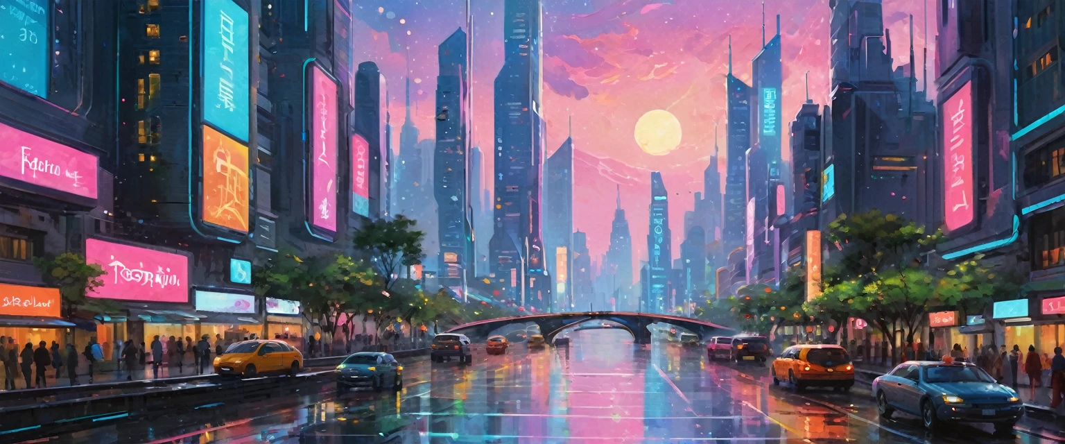 ((Masterpieces with up to 16K resolution):1.6), ((Intricate details):1.4), ((Very crazy details):1.4),((Highest quality):1.3),((Soft-colored 4K high-definition digital art):1.3). | (((Futuristic City):1.5))), ((Neon light glow):1.4), ((Future cityscape):1.3), ((Within the circuit, a single thought quietly blooms):1.4), ((Wish Upon a Star):1.3), ((people々Wanting to see the smile of):1.3), ((Digital Advertising and Holograms):1.1), Gouache with Intricate detailss, pastel colour, Drops of ink, Fine brushwork has been improved, Careful brushwork creates a sense of atmosphere, Utilize delicate yet powerful brushwork techniques, Create an enchanting atmosphere. Very fine gouache, ((Unmatched clarity and clarity):1.1), ((A futuristic city rendered in stunning 32K resolution):1.3), All in sharp focus.