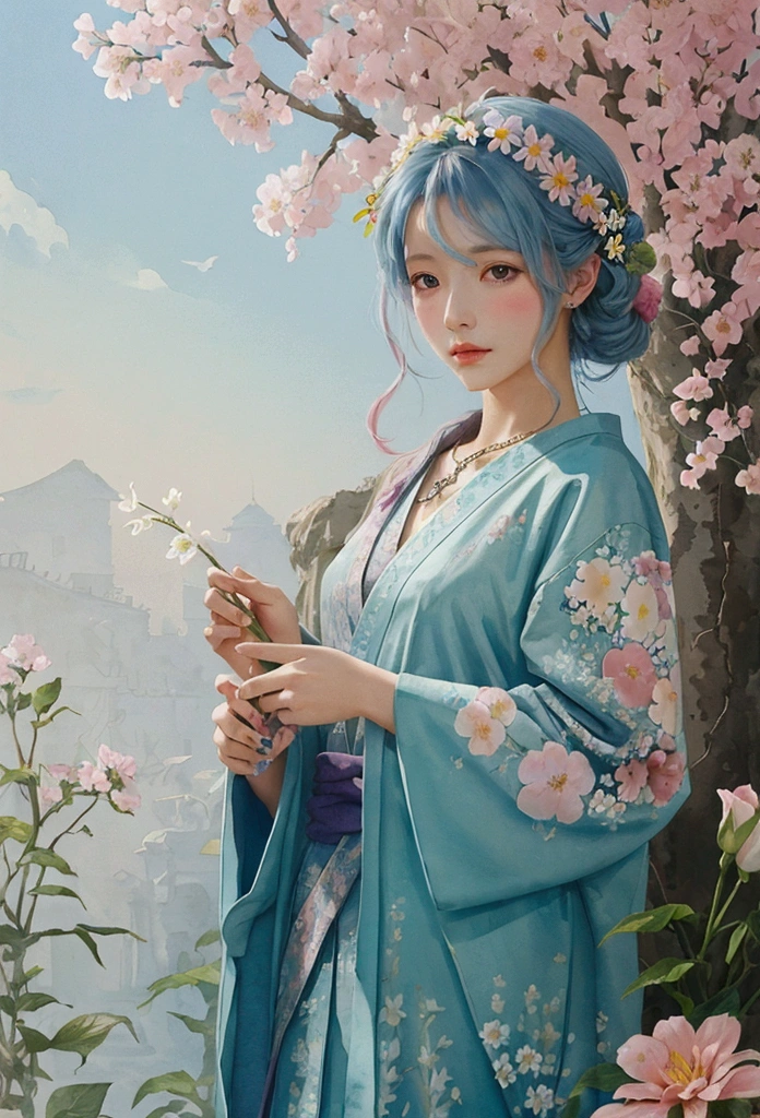 Painted in watercolor style by David Paul Seymour、Flowers and brightly colored snake heads.