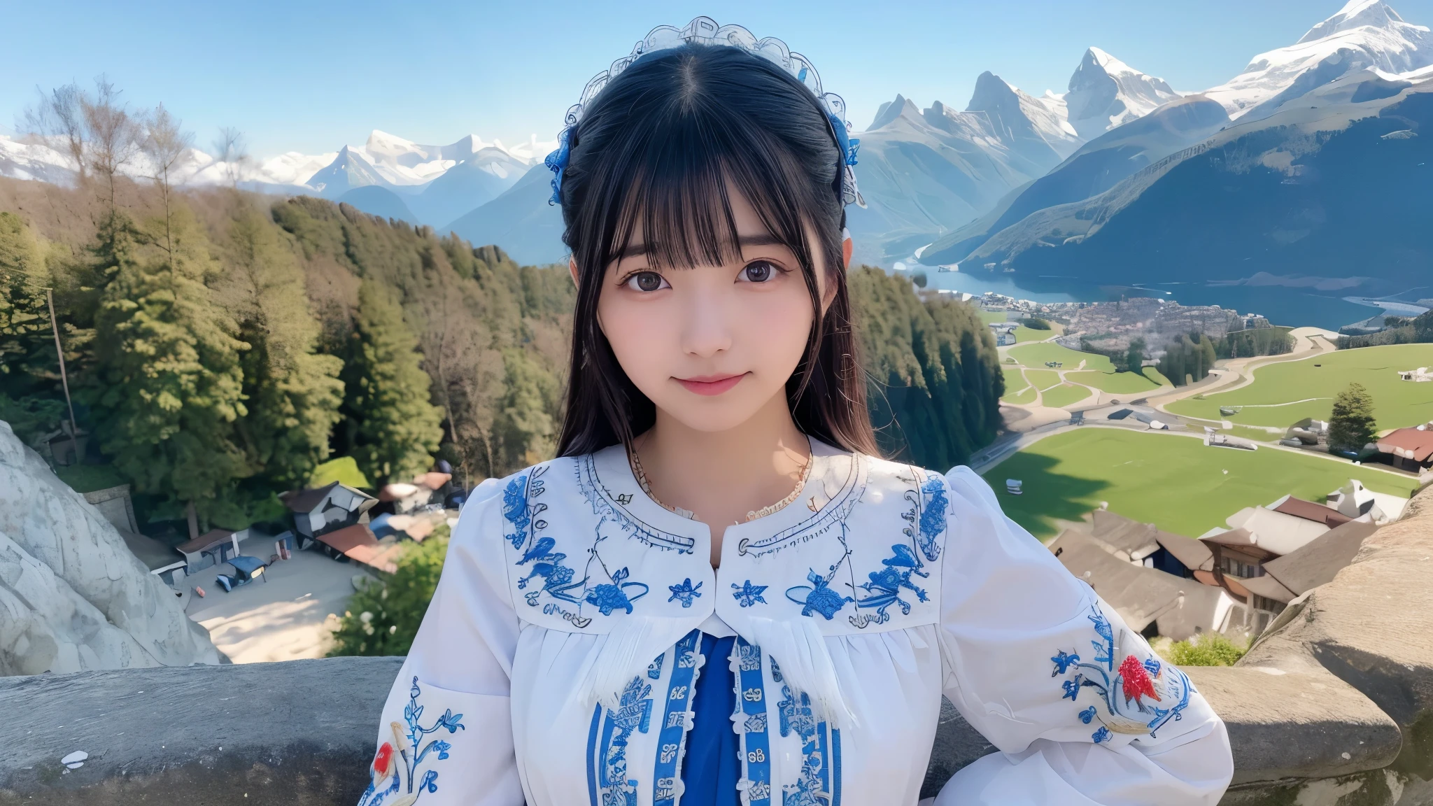 (Highest quality、masterpiece)、Realistic photo、One Girl、bangs、Looking into the camera、smile、White blouse、Sexy Costumes、(Detailed embroidery:1.5)、Blue embroidery、Sky blue skirt、Lace ornament、Idol、Cute pose、Mountains of Switzerland、Rocky Mountains、Clear skies、