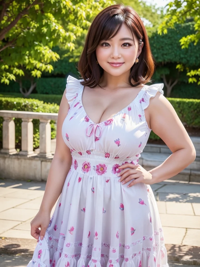 A beautiful and hot almost chubby mature woman.who is wearing a patterned short dress and is and standing in the park. A smiling face、sexy woman、A radiant smile、adorable、race、Frills、Colorful design、Full-length mirror、An inviting gaze、Gorgeous long and beautiful hairstyle、variation Hairstyle、Open neck blouse、Flower Garden、Sparkling、Elegant Princess、さらさらヘアー