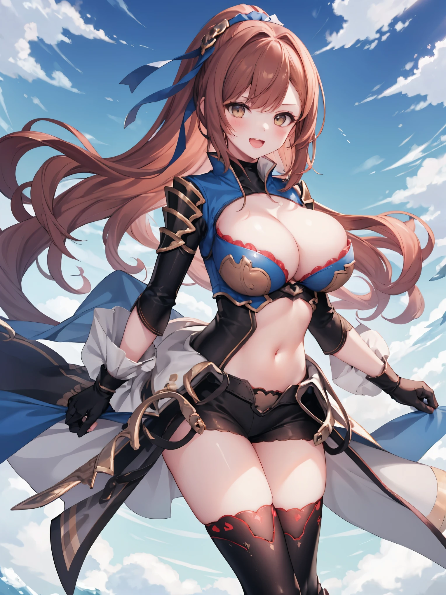 masterpiece, best quality, 1teen_girl,def,beatrix, ponytail, hair ribbon, gauntlets, blue shirt, gloves, cleavage cutout, looking at viewer, big_smile, large breasts, sky_landscape_background ,,happy,covered_nipples,young_,full_of_beans,,laugh,blush,open_mouth,thigh-highs, glower,open_legs,rise_knee,(angry:0.8)