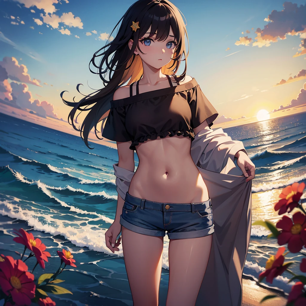 (work of art:1.2), (best qualityer:1.3), shallow_sunset, 1 girl, standing, cowboy_outlet, drinking straw_ha, swimsuit wear, don, Shorts, flowers, star of the sea, 
