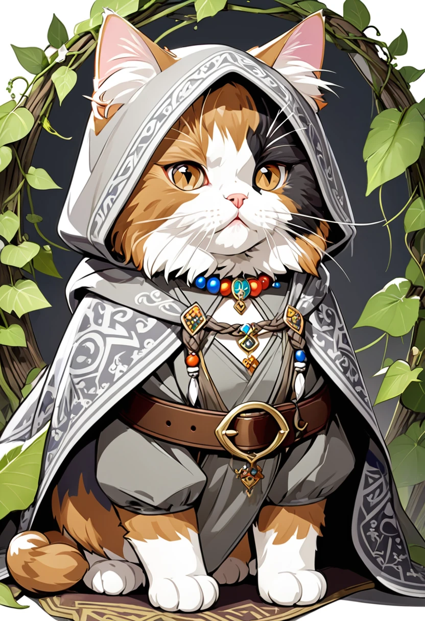 Tricolor Persian cat, druid, Brown eyes, she has a belt made of vine with a dinosaur fang, dressed in a gray shawl and a medieval jacket , white runes like uk they are small multi-colored beads on the neck