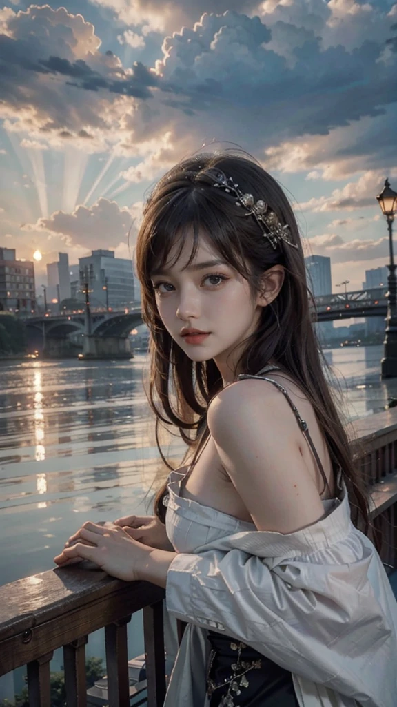 best quality, masterpiece, photo realistic, intricate details, raw photo, photon rendering, octane render, absurdres, ultra detailed, detailed face, detailed skin, trending on artstation,8k masterpiece,cinematic lighting, scenery, scenery, no humans, cityscape, sky, city, cloud, outdoors, building, sunset, city lights, bridge, river, tree, roadn, artist name,