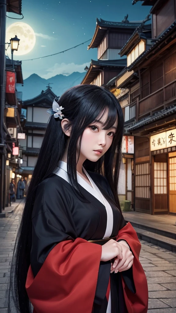 Real monkey、Japanese legendary monsters。Drawn in anime style、A charming and mysterious woman。She has very long black hair、Her hair is flying around。Her kimono is simple yet beautiful、It creates a mysterious atmosphere。Her expression is cold、Fascinating yet a little sad。Behind me are dimly lit old buildings and night scenery.、There&#39;s a fantastic light all around her.。The overall color tone is dark.、Mysterious and terrifying style。The characters are carefully drawn in detail、It is finished in a modern anime style.