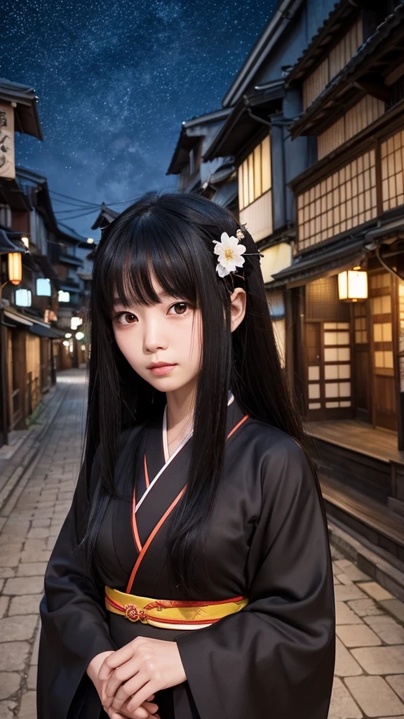 Real monkey、Japanese legendary monsters。Drawn in anime style、A charming and mysterious woman。She has very long black hair、Her hair is flying around。Her kimono is simple yet beautiful、It creates a mysterious atmosphere。Her expression is cold、Fascinating yet a little sad。Behind me are dimly lit old buildings and night scenery.、There's a fantastic light all around her.。The overall color tone is dark.、Mysterious and terrifying style。The characters are carefully drawn in detail、It is finished in a modern anime style.