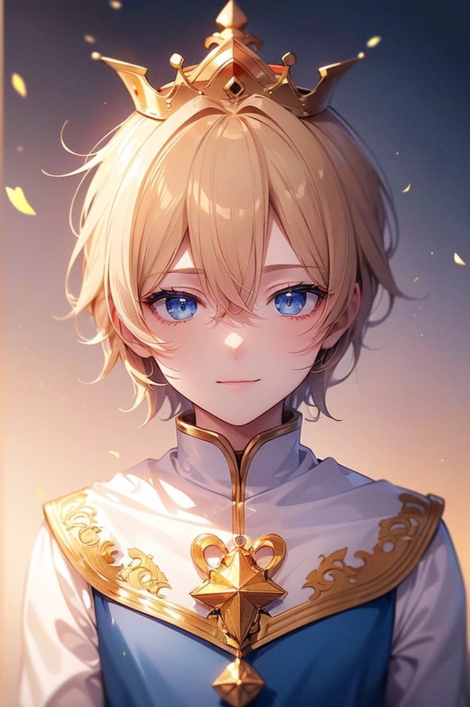 (Highest quality)　(4K)　(8k)　(High resolution)　(masterpiece:1.2)　(Super detailed)　One boy　short hair　Wizard　Blue Eyes　Long sleeve　Golden decoration　Hair between the eyes　White Dress　Wavy golden hair　Upper Body　(large crown)　(White Background)　(profile)　Face close-up　Young　smile