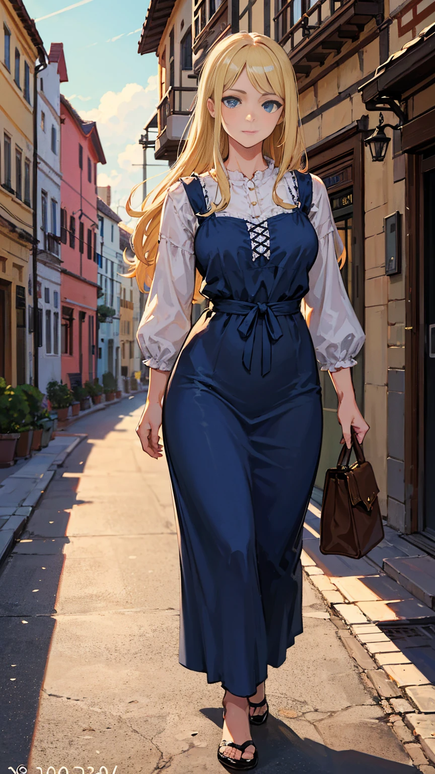 Highest quality, masterpiece, Realistic photos, Intricate details, RAW Photos, Super detailed, old fashioned young woman, Wearing a peasant dress, No neckline, Blonde, Perfect details and blue eyes, Walking around the old town, HD quality, 8k, young woman, 20-year-old