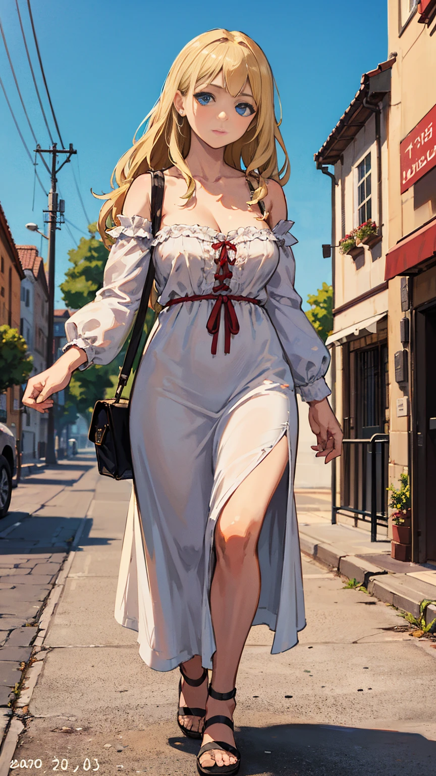 Highest quality, masterpiece, Realistic photos, Intricate details, RAW Photos, Super detailed, old fashioned young woman, Wearing a peasant dress, No neckline, Blonde, Perfect details and blue eyes, Walking around the old town, HD quality, 8k, young woman, 20-year-old