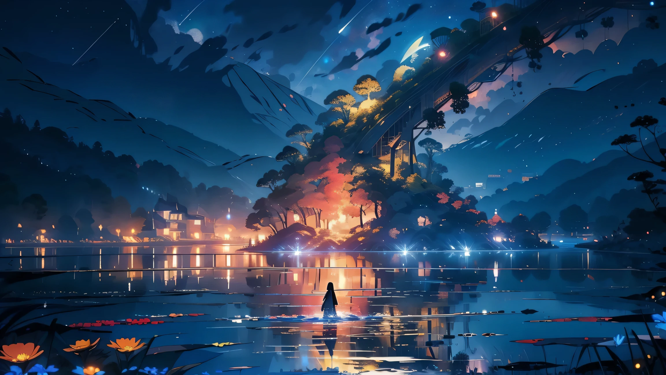 main part, nice, landscape, (((no_Humanos))), night, flower, flower园, Starry Sky, constellation, wonderful, vision, water, Quint, Accompaniment, peaceful, meteor, Cosmic, magic, magic, detailed, fair, ((Piri Lambos))