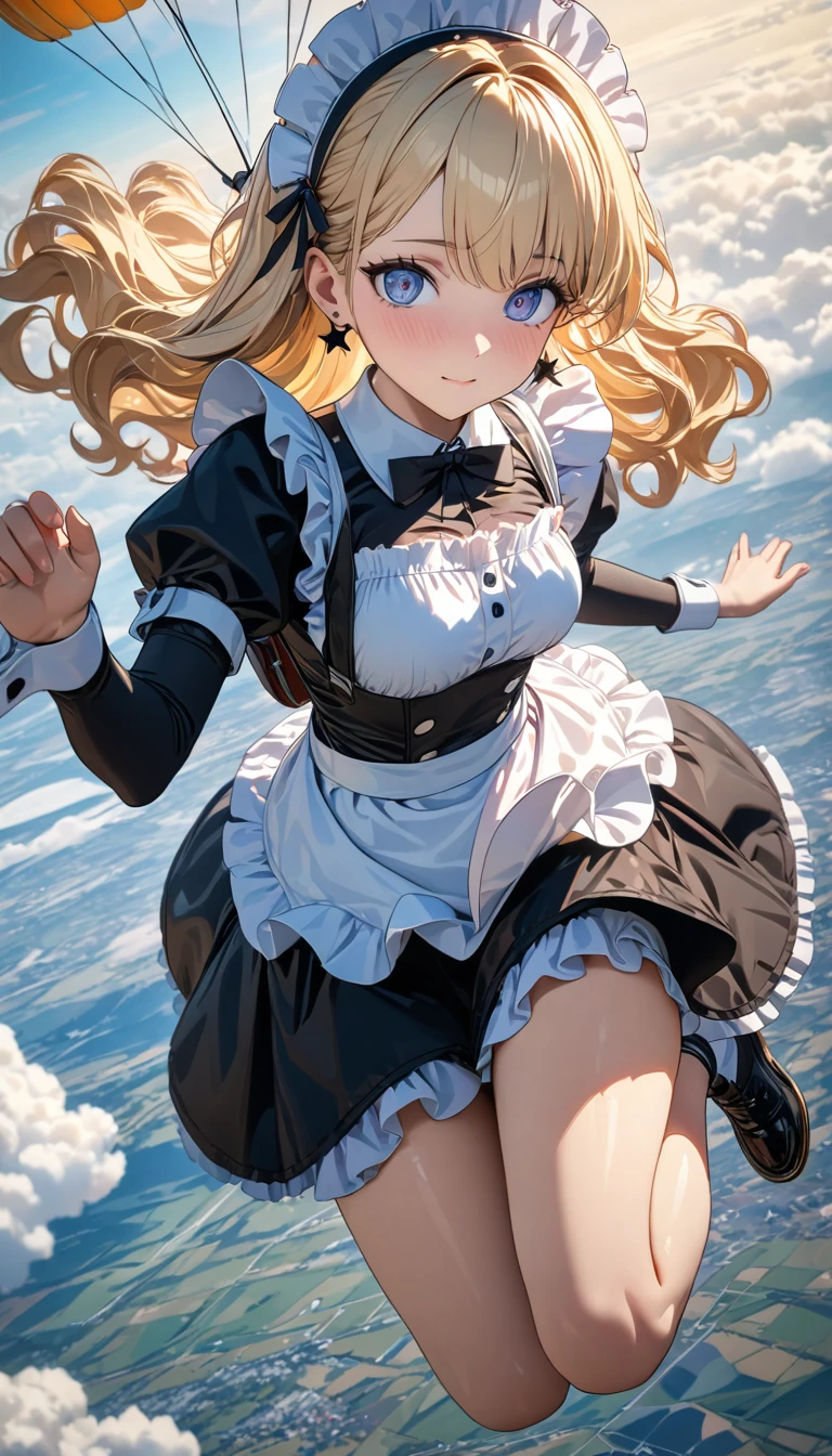 ((best quality)), ((masterpiece)), (detailed), perfect face, ((Best quality, 8k, Masterpiece: 1.3)), Sharp focus, Highly detailed face and skin texture, Detailed eyes, Light blonde, shoulder-length, wavy hair, star earrings, A maid costume with frills, white brim, high resolution, Textured skin, anime style, Skydiving, jumping from an airplane using a parachute, A scene where the parachute opens and flies through the sky