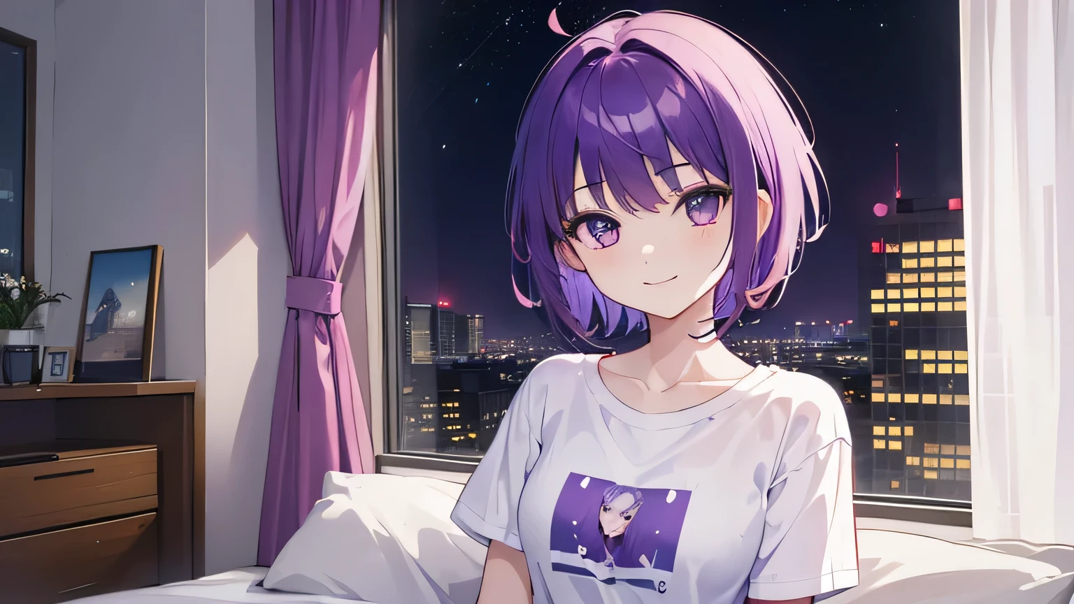 (T Masterpiece，4K wallpaper，Best Quality))、((girl１people))、(solo)、Bright and Brilliant，(Purple Hair)、(short hair:1.3)、smile、Bedroom、T-Shirts、night