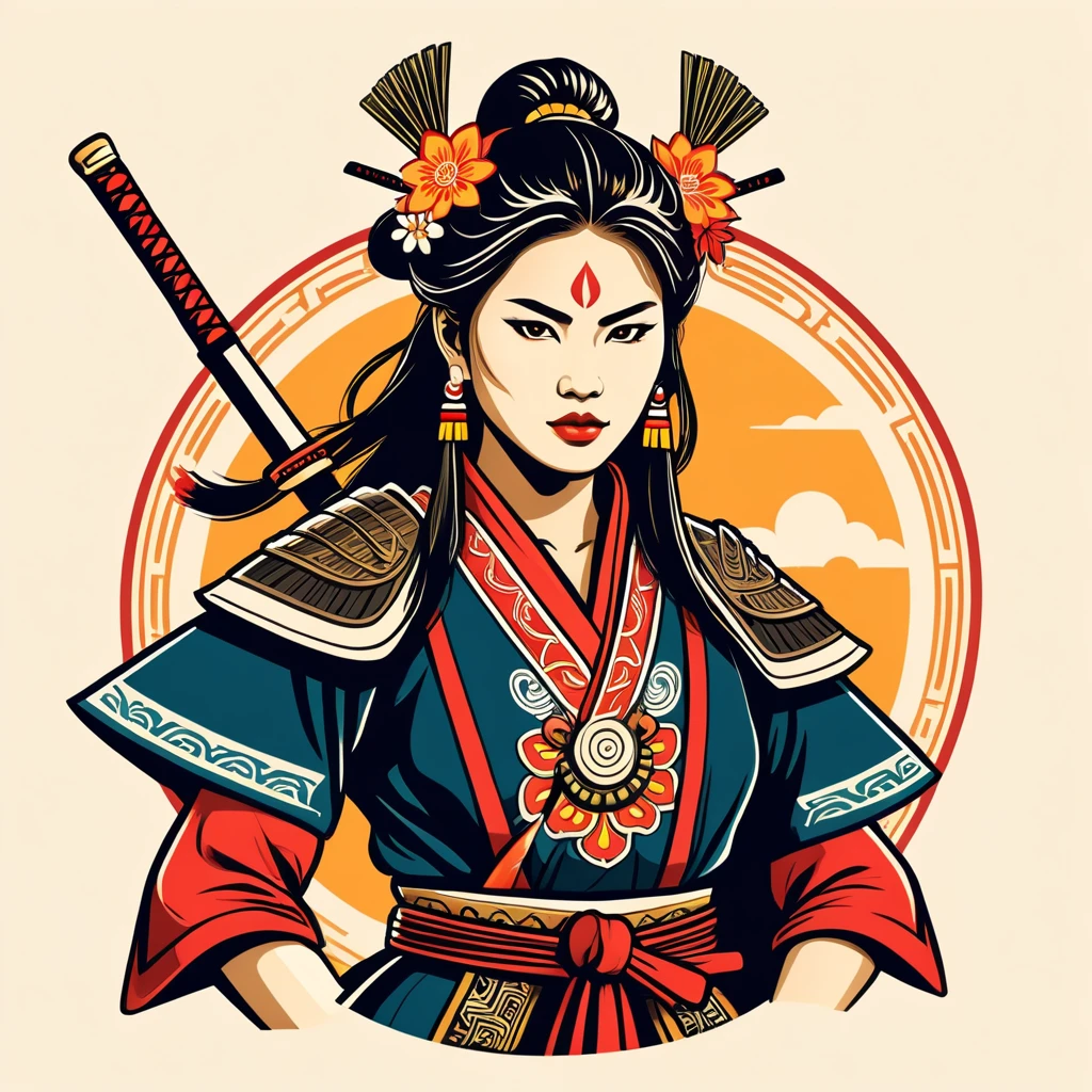 female samurai in peruvian folk outfit ,vector graphics, strong contours, logo design
