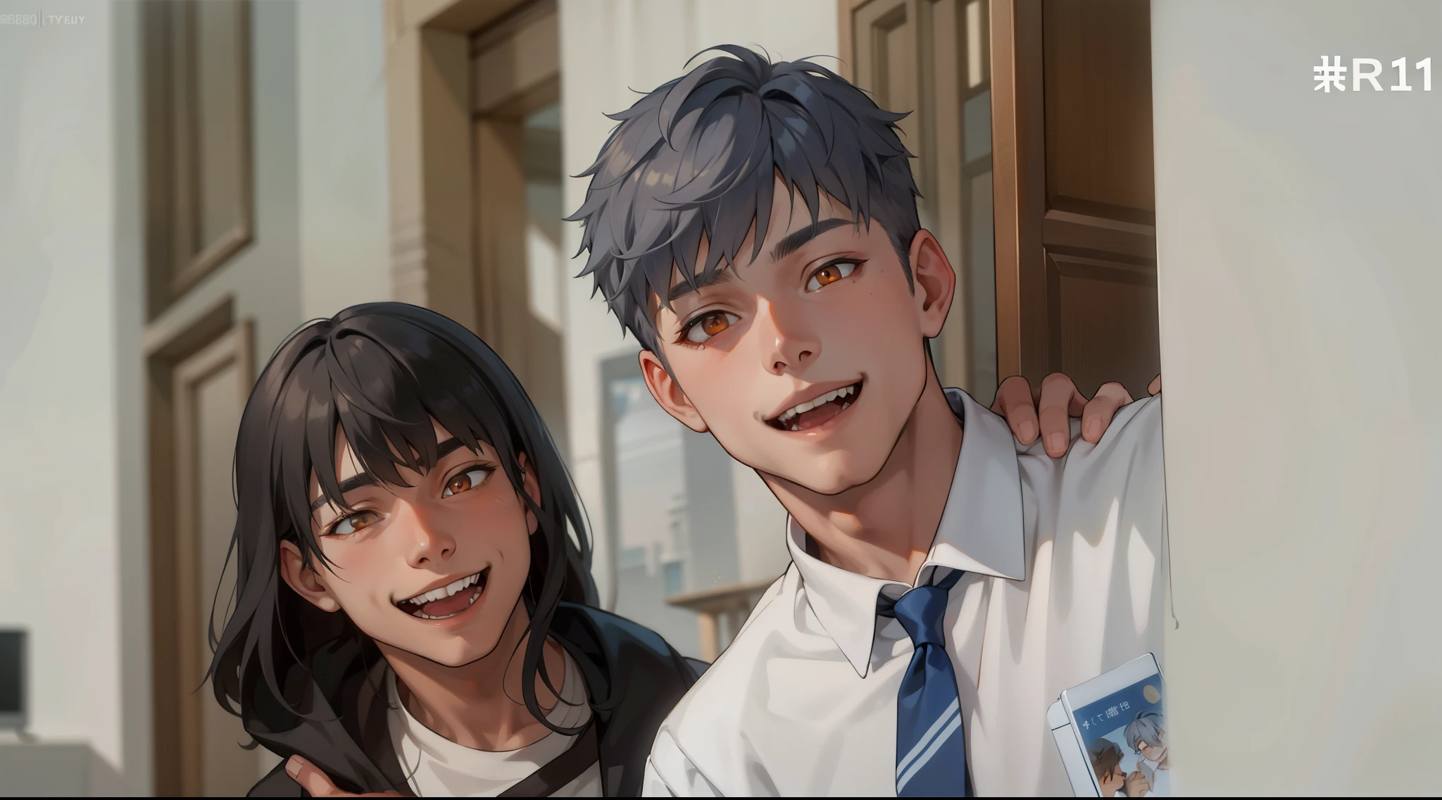  a boy and a 15 year old boy, gray hair orange eyes, They are smiling mischievously