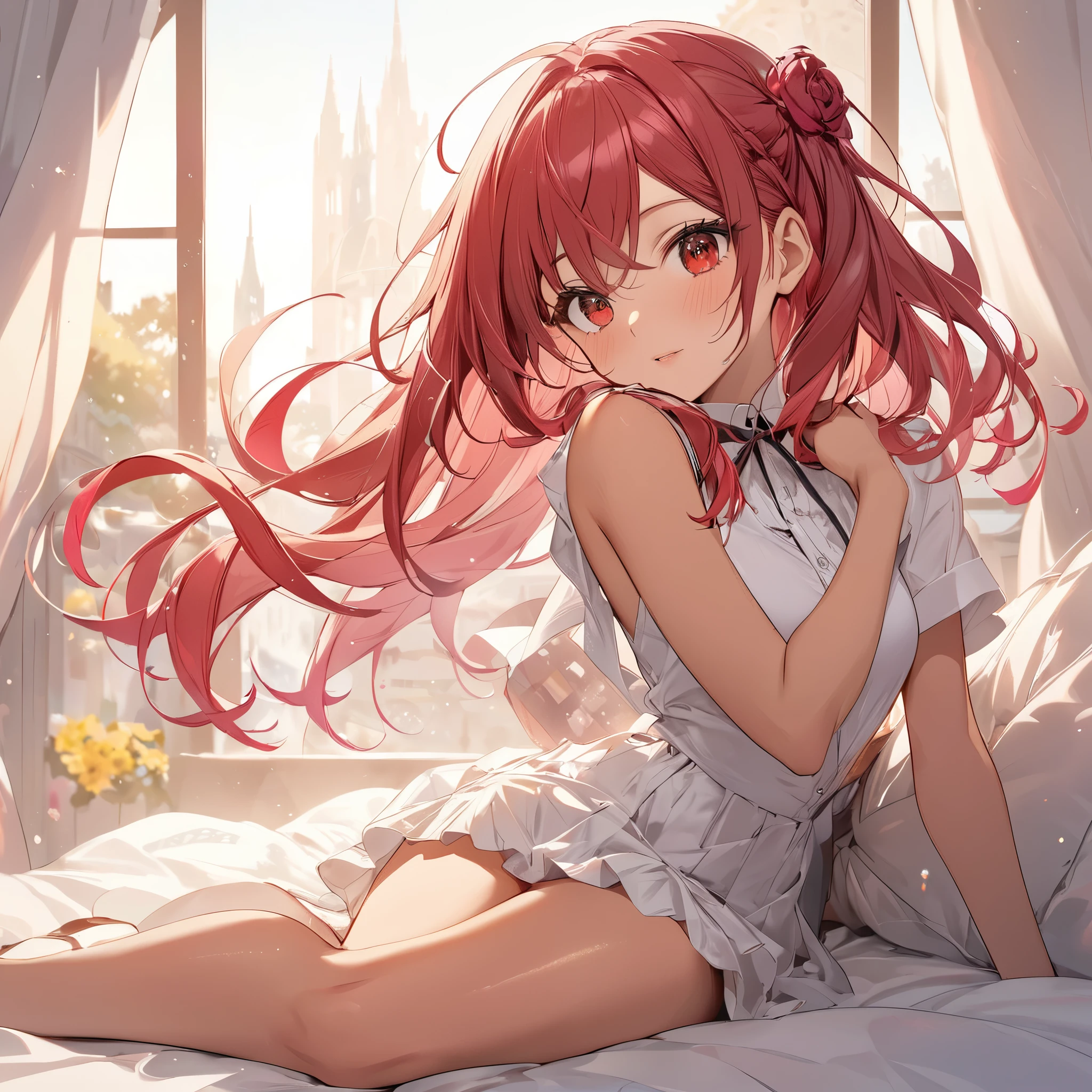 BREAK Perfect Anatomy、(High resolution:1.2)、Incredible illustrations、(Cute illustrations:1.2)、() (Beautiful background(on the bed )(looking back, from behind, looking at viewer) ((gradient hair, red eyes, tanned skin:1.4), slender) ((school uniform, admin), silk underwear, garter stockings))