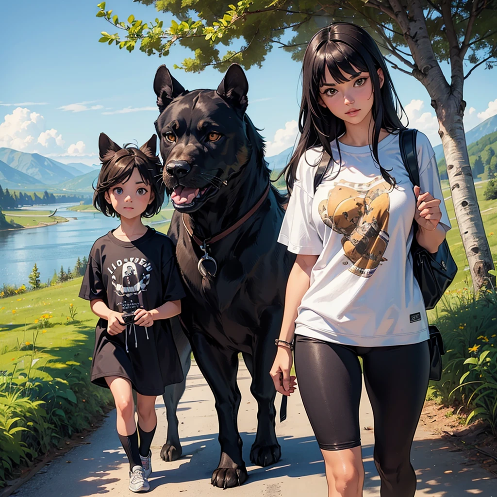 T-shirt art Panther and Rottweiler on a walk, with their owners, woman with dark hair in a sweatshirt and a tall man with a camera, hills on the horizon, River, text (friendly family from Siberia with love), dynamic pose, central frame, Siberian forest hills, birch spruce fern, на горизонте River, sculptural relief, Realism, Sculpture, detailed muzzle, a high resolution