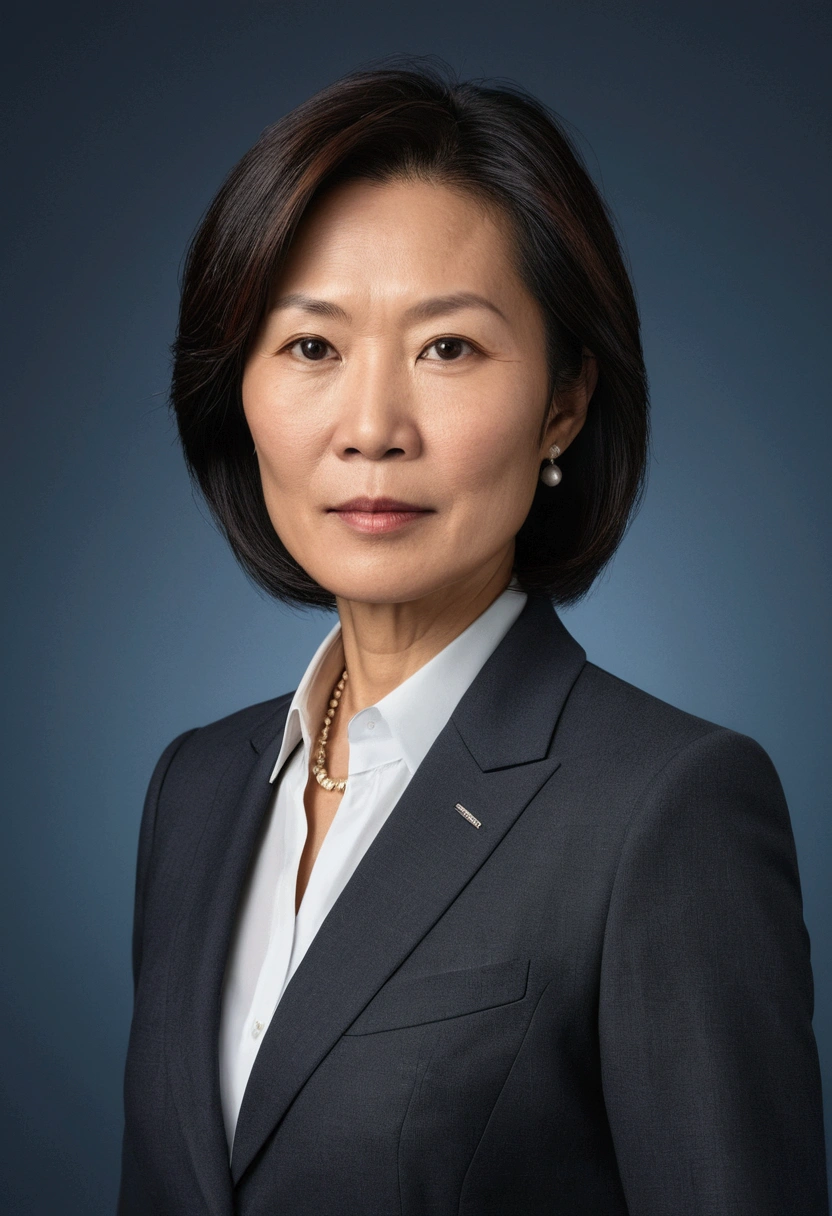 "Generate a realistic profile picture of a middle-aged Asian female, approximately 45 years old. She should be dressed in a classic dark gray suit with a white shirt and minimal jewelry. The background should be a muted blue with soft lighting to highlight her professional appearance."