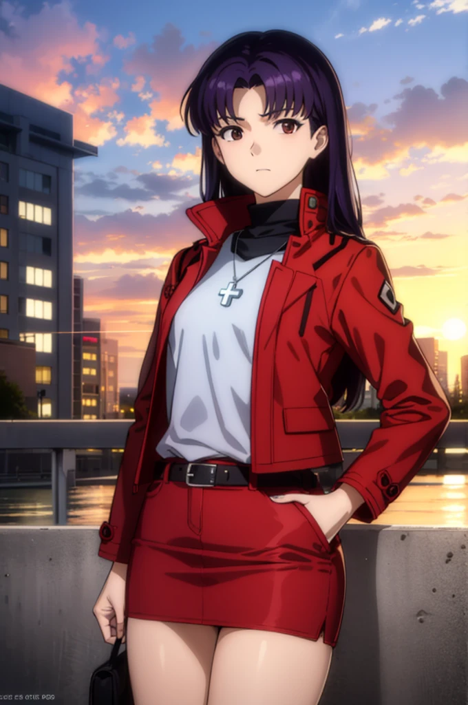 misatokatsuragi, misato katsuragi, long hair, (brown eyes:1.5), (purple hair:1.2), (parted bangs:1.5),
BREAK skirt, jewelry, jacket, belt, necklace, uniform, cross, red jacket, pencil skirt, cross necklace, red skirt, black shirt, turtleneck, cropped jacket,
BREAK outdoors, city, sky, clouds, sun,
BREAK looking at viewer, (cowboy shot:1.5),
BREAK (masterpiece:1.2), best quality, high resolution, unity 8k wallpaper, (illustration:0.8), (beautiful detailed eyes:1.6), extremely detailed face, perfect lighting, extremely detailed CG, (perfect hands, perfect anatomy),