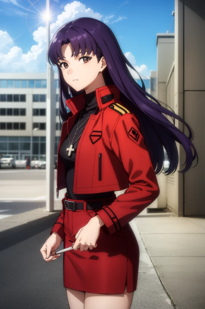 misatokatsuragi, misato katsuragi, long hair, (brown eyes:1.5), (purple hair:1.2), (parted bangs:1.5),
BREAK skirt, jewelry, jacket, belt, necklace, uniform, cross, red jacket, pencil skirt, cross necklace, red skirt, black shirt, turtleneck, cropped jacket,
BREAK outdoors, city, sky, clouds, sun,
BREAK looking at viewer, (cowboy shot:1.5),
BREAK (masterpiece:1.2), best quality, high resolution, unity 8k wallpaper, (illustration:0.8), (beautiful detailed eyes:1.6), extremely detailed face, perfect lighting, extremely detailed CG, (perfect hands, perfect anatomy),