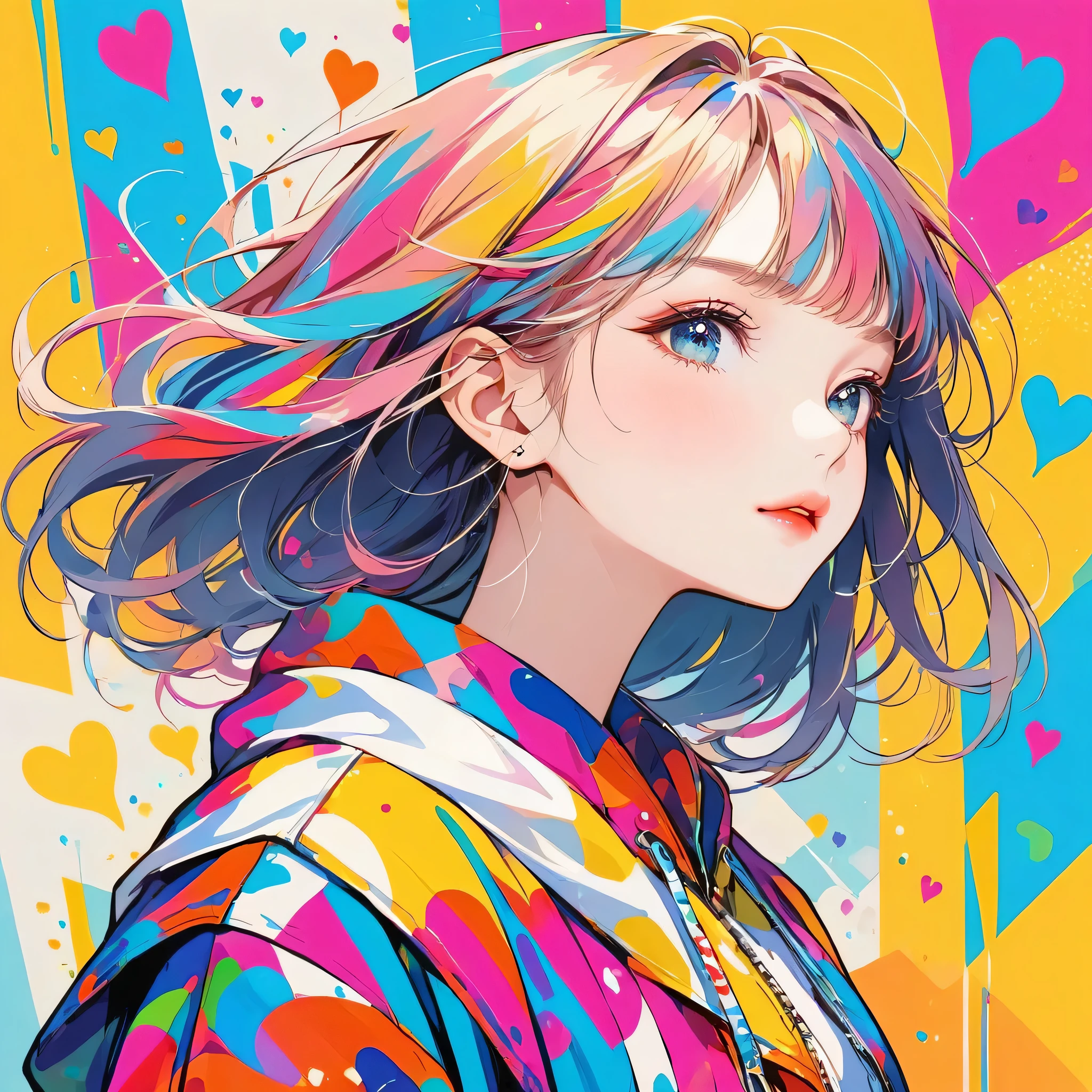 Mika Pikazo colorful style, Simple Line Initialism,Abstract art,Urban Background, (((The most beautiful girl of all time))), Sweet face. Lips in love, colorful hearts, stylish design