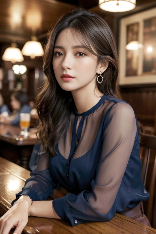masterpiece, highest quality, Realistic, Very detailed, Finer details, High resolution, 8k wallpaper, One beautiful woman, Wear a navy blue see-through blouse, In a great pub, At night, Light brown messy layered hair, Perfect dynamic composition, Beautiful and beautiful eyes、Big earrings、Sitting in a chair、
