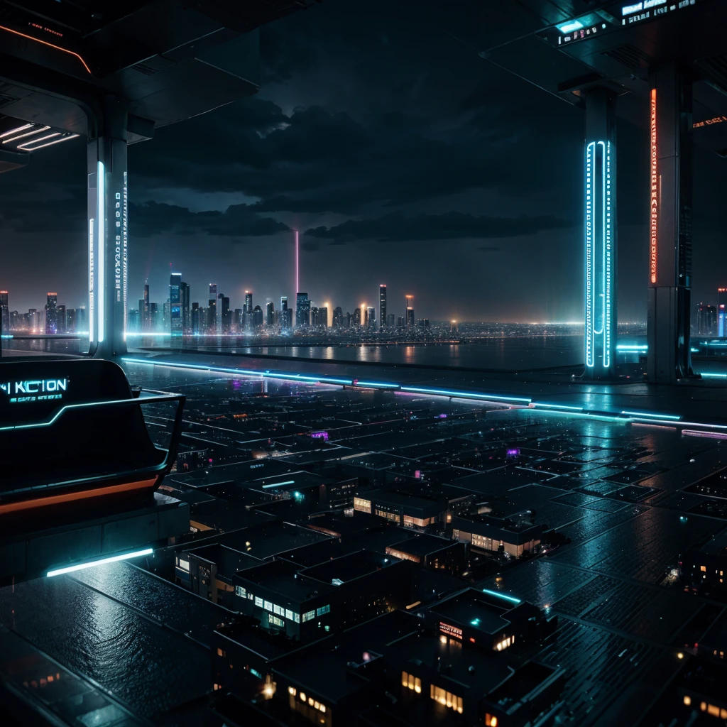 beautiful futuristic city view with neon rain, hd quality, detail tekstur, 8K, HDR