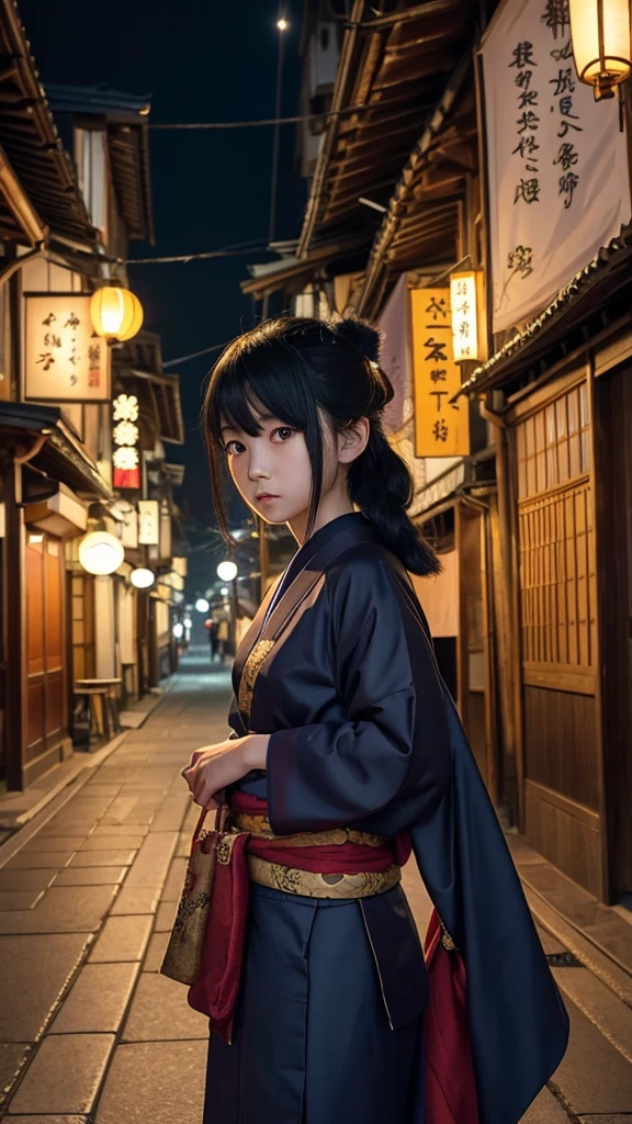 Real monkey-humanoid、Japanese legendary monsters。Drawn in anime style、A charming and mysterious monkey。Her kimono is simple yet beautiful、It creates a mysterious atmosphere。Her expression is cold、Fascinating yet a little sad。Behind me are dimly lit old buildings and night scenery.、There's a fantastic light all around her.。The overall color tone is dark.、Mysterious and terrifying style。The characters are carefully drawn in detail、It is finished in a modern anime style.