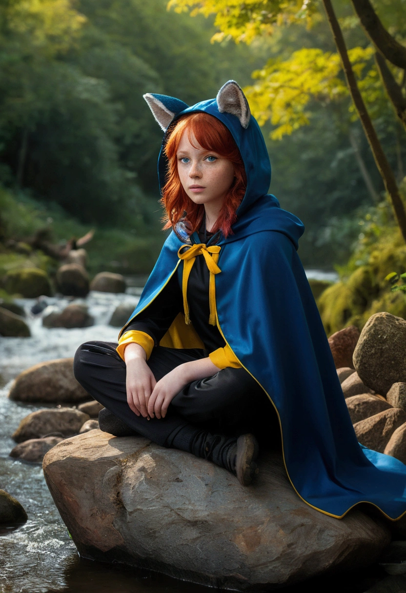 8k, best qualityer, (photorrealistic:1.4), CRU photo, 1 girl, Red hair, animal ears, blue hooded cape, ears sticking out, pose: sitting on a rock by a river in the forest, yellow  eyes,  -