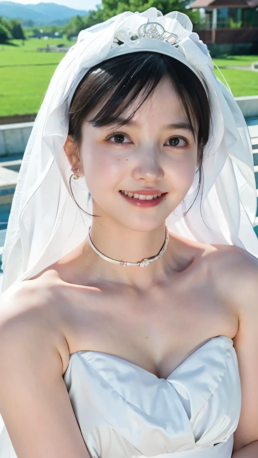 (8k、RAW Photos、Highest quality、masterpiece:1.2)、(Realistic、Realistic)、1 girl、((Wedding dress、Chapel、Short Bob、View from the front、smile、Look at the camera and smile、stand))、cute、Small breasts