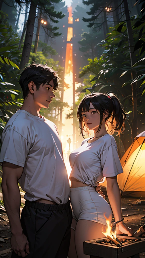 A couple is camping in the forest hills. The girl is wearing short clothes, her hips are big. It is night and a fire is burning.