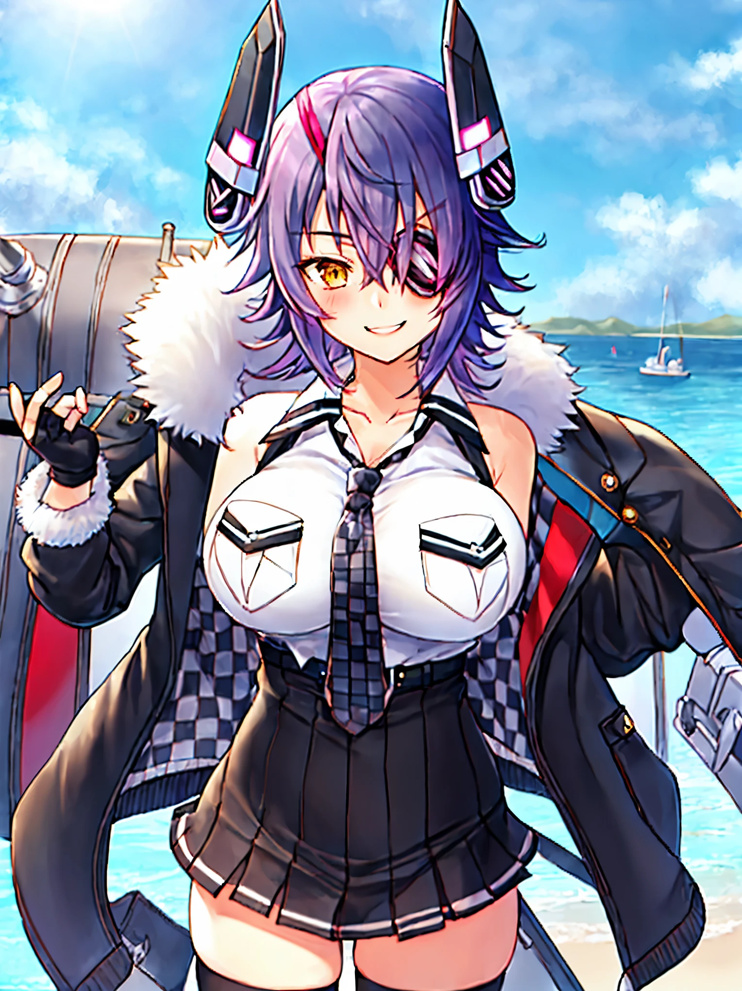 best quality, masterpiece, solo, {tenryuu_kantaicollection:1.15}, teen_girl, eyepatch, short_hair, purple_hair, yellow_eyes, headgear, breasts, necktie, large_breasts, smile, 1girl, blush, checkered_necktie, hair_over_one_eye, shirt, collared_shirt, white_shirt, jacket, sleeveless, brown_eyes, fur-trimmed_jacket, fur_trim, collarbone, looking_at_viewer, pocket, breast_pocket, ,, messy_hair, black_gloves, gloves, partially_fingerless_gloves,harbor_road_landscape_background,outdoor,short_skirt,thigh-highs,boots,sunlight,from_below