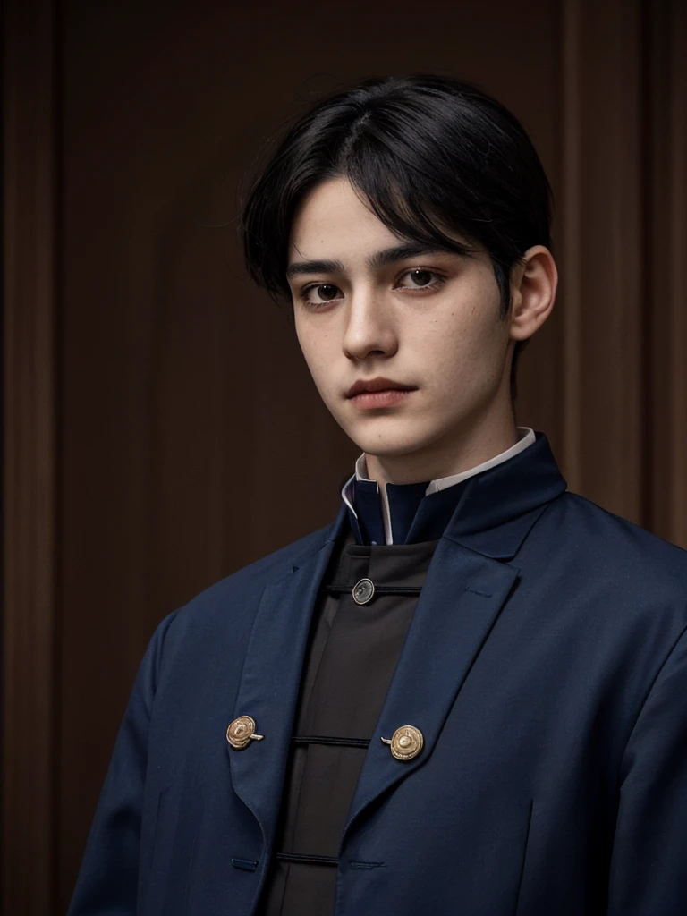 undefined, Young guy, 13years old, Blue Black Hair, Italian appearance, brown skin color, Dark-colored clothing of an aristocratic priest, dark blue eye color, straight nose, high, Beautiful.