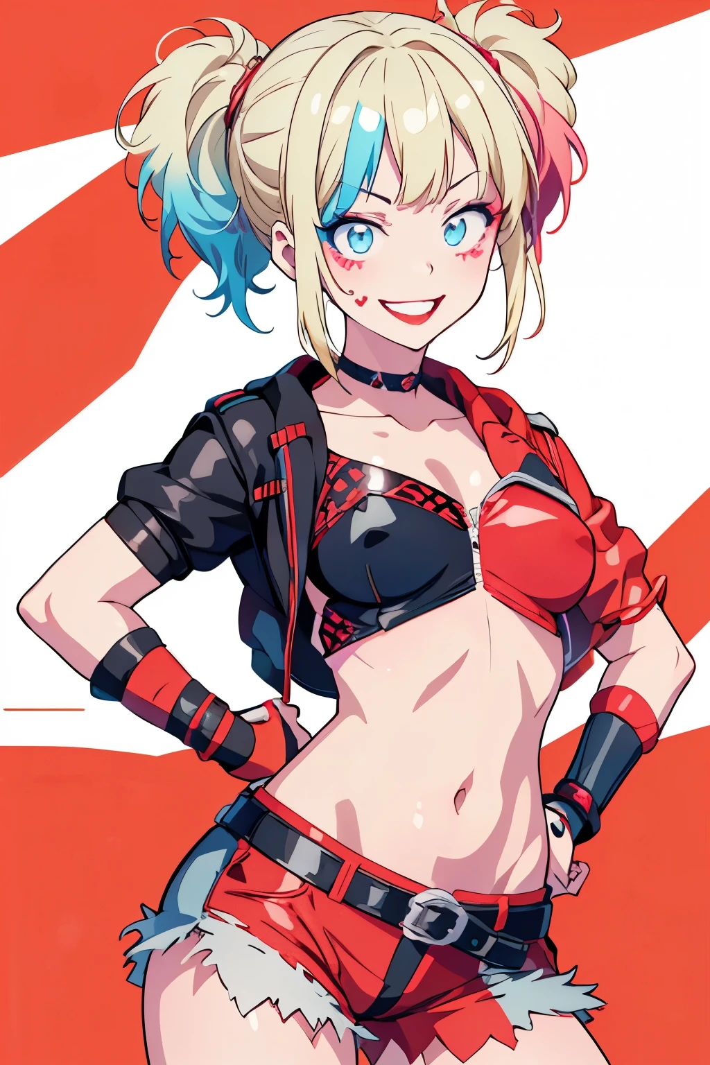 NSFW, Ecchi anime style, 1 girl, pose sexy, Best quality, a high resolution, 1 girl, hair braided in two short ponytails, very detailed eyes, Fine detail, Correct anatomy 1.1., Harley Quinn from Suicide Squad, open jacket with short sleeves shorts studded belt mesh belt chain gloves bracelet hand on hip, smile, woman, adult girl, real photos、smile, tmasterpiece, (pink kimono), seductive face, Ideal girl, perfect details, ultra HD |, 8 K, professional photo, anime style,