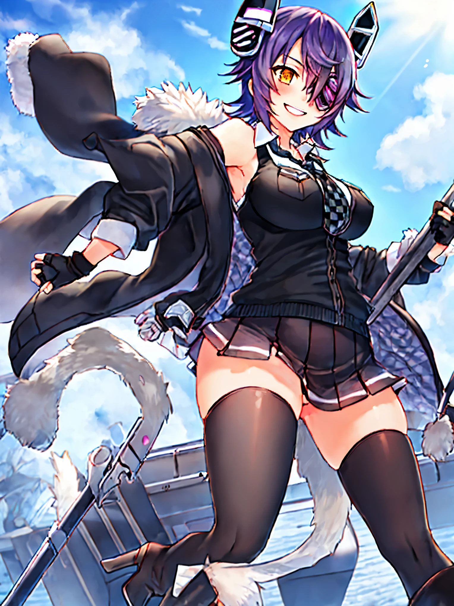 best quality, masterpiece, solo, {tenryuu_kantaicollection:1.15}, teen_girl, eyepatch, short_hair, purple_hair, yellow_eyes, headgear, breasts, necktie, large_breasts, smile, 1girl, blush, checkered_necktie, hair_over_one_eye, shirt, collared_shirt, white_shirt, jacket, sleeveless, brown_eyes, fur-trimmed_jacket, fur_trim, collarbone, looking_at_viewer, pocket, breast_pocket, ,, messy_hair, black_gloves, gloves, partially_fingerless_gloves,harbor_road_landscape_background,outdoor,short_skirt,thigh-highs,boots,sunlight,from_below