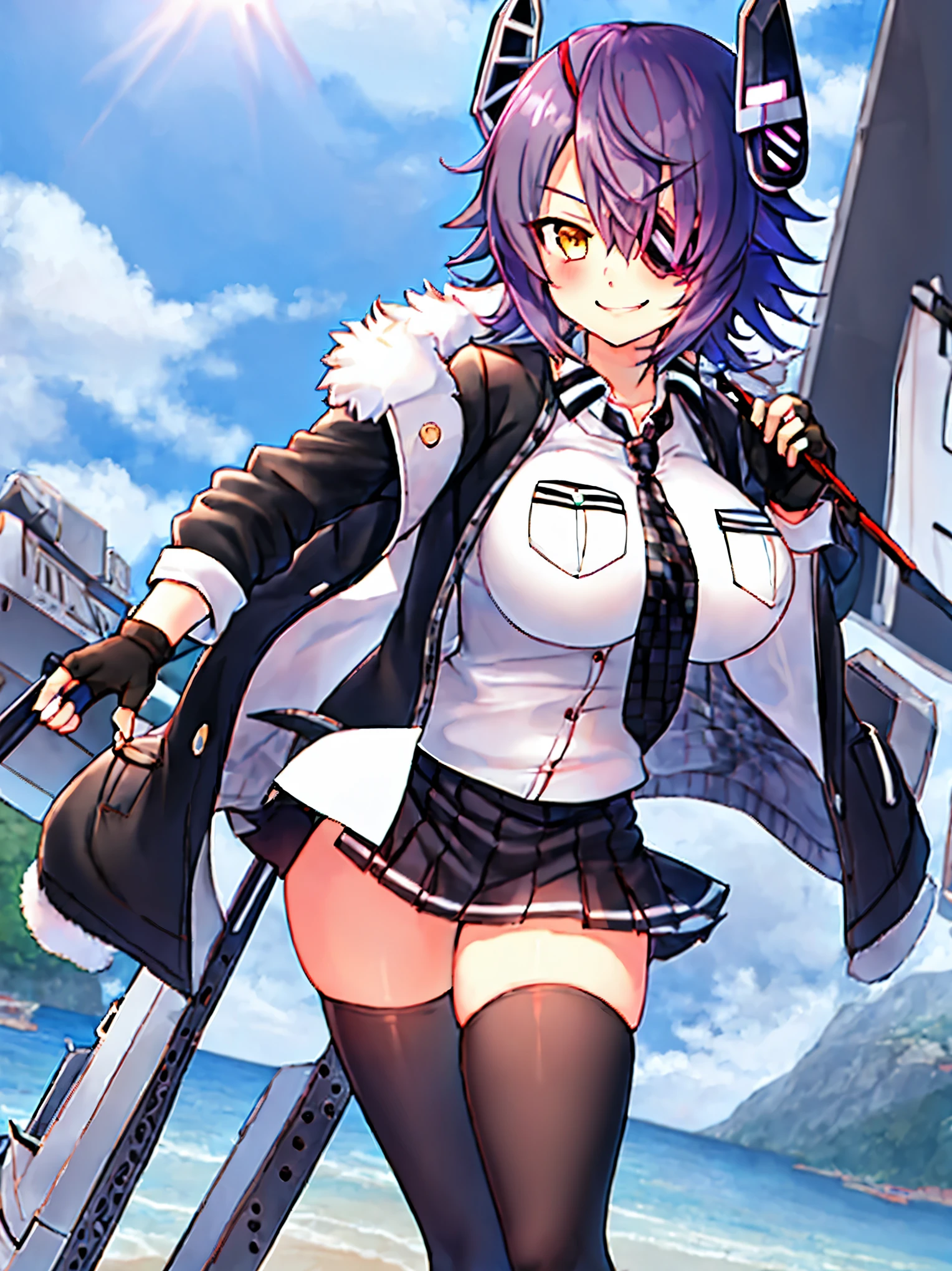 best quality, masterpiece, solo, {tenryuu_kantaicollection:1.15}, teen_girl, eyepatch, short_hair, purple_hair, yellow_eyes, headgear, breasts, necktie, large_breasts, smile, 1girl, blush, checkered_necktie, hair_over_one_eye, shirt, collared_shirt, white_shirt, jacket, sleeveless, brown_eyes, fur-trimmed_jacket, fur_trim, collarbone, looking_at_viewer, pocket, breast_pocket, ,, messy_hair, black_gloves, gloves, partially_fingerless_gloves,harbor_road_landscape_background,outdoor,short_skirt,thigh-highs,boots,sunlight,from_below