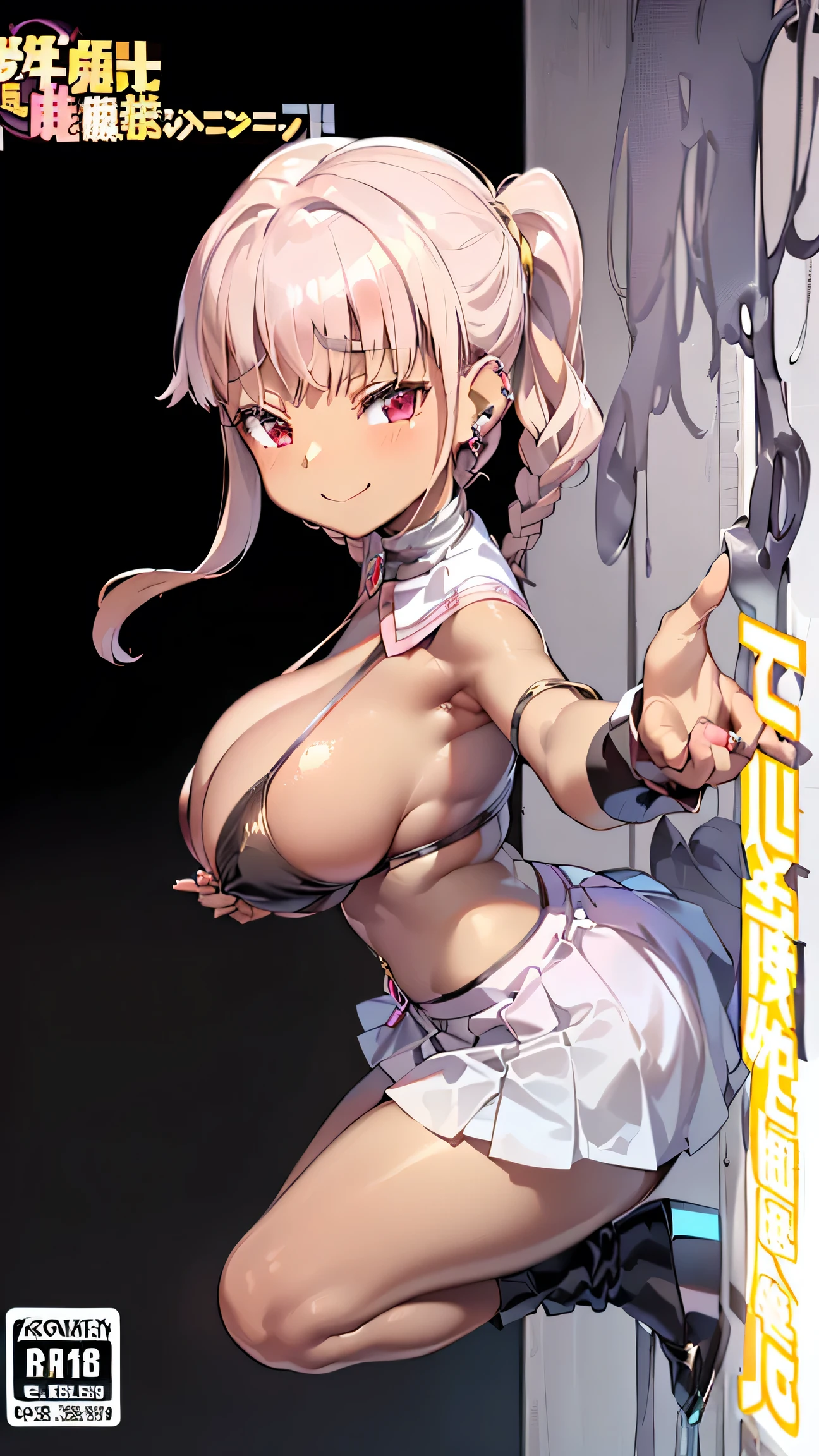 ((((masterpiece、best quality、Very detailed)、((A girl))、((Blonde Hair、Dark Skin，Low Twin Tails，curls,bronze skin、Cover your eyes))、Pink Eyes、Smile，（（Dark skin 1.5））、（（Lace edge pattern））、((There are many piercings))、((Large ))、Cowboy shooting、Shooting from above、Purple Light，Nightclub，on stage，Purple Light，((best quality)), ((masterpiece)), (detailed), (character focus、Breast whole body), Anime 2D Rendering, Realistic young anime women, Five fingers, Perfect face, Beautiful details, Beautiful Body, Beautiful breasts, Beauhighs, (Huge breasts)、Beautiful Fkin burns), baby face、 12 year old girl、A girl、nun skirt、She turned her face and body toward the audience，Beautiful face and charming shyness，eternal，Hair Cover your eyes，（Large Breasts），Shy，Exceed，Thick Legs，Fascinaree-dimensional,Fascinating three-dimensional，Fascinating three-dimensional，Magical girl，Bright Black，（（前发Hair Cover your eyes）），night