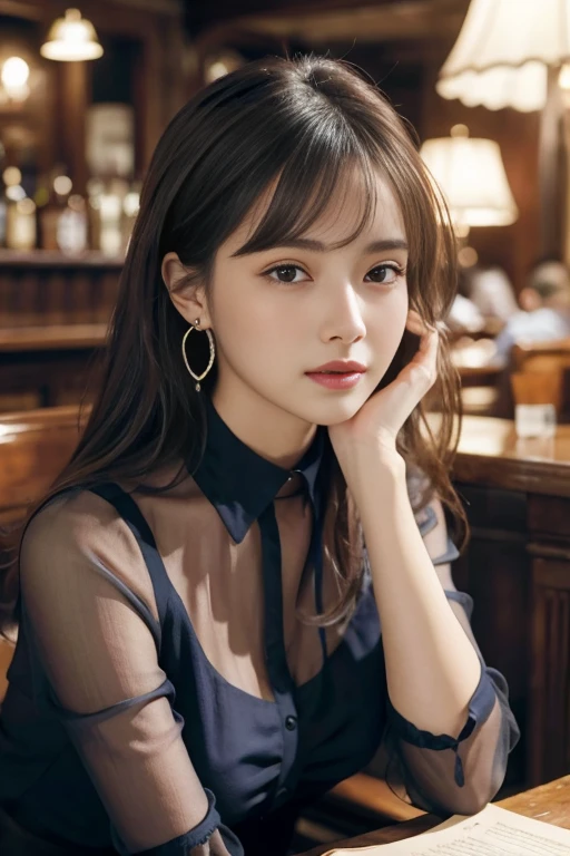 masterpiece, highest quality, Realistic, Very detailed, Finer details, High resolution, 8k wallpaper, One beautiful woman, Wear a navy blue see-through blouse, In a great pub, At night, Light brown messy layered hair, Perfect dynamic composition, Beautiful and beautiful eyes、Big earrings、Sitting in a chair、