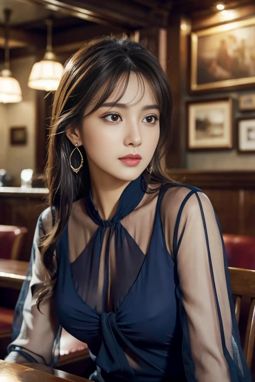 masterpiece, highest quality, Realistic, Very detailed, Finer details, High resolution, 8k wallpaper, One beautiful woman, Wear a navy blue see-through blouse, In a great pub, At night, Light brown messy layered hair, Perfect dynamic composition, Beautiful and beautiful eyes、Big earrings、Sitting in a chair、