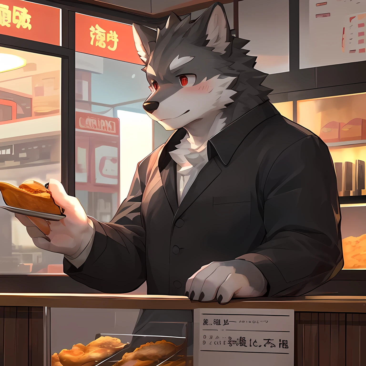[masterpiece:1.2], best quality,highres,extremely detailed CG,perfect lighting,8k wallpaper,
Male,wolf,21 years old,red eyes(Black suit on:1.25),nervous,flurried,blush,
(Black-gray fur:1.35),white fur,Black claws,pawpads,(bara and strong:1.35),robust,Domineering,handsome,White eyebrows,Sweat,A towel rests on shoulder,solo,
full body,(adaxial1.5)
(in Fried chicken shop cash register:1.2)
hi res,2018,
kemono,furry,anthro,
by birry41,by ponzu_tas,by beau_555,by gundanw,by milkytiger1145,