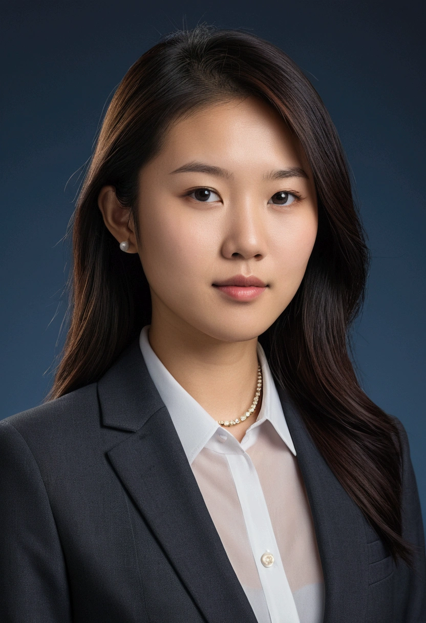 "Generate a realistic profile picture of a young Asian female, approximately 26 years old. She should be dressed in a modern dark gray suit with a white blouse and minimal jewelry. The background should be a muted blue with soft lighting to highlight her professional appearance."