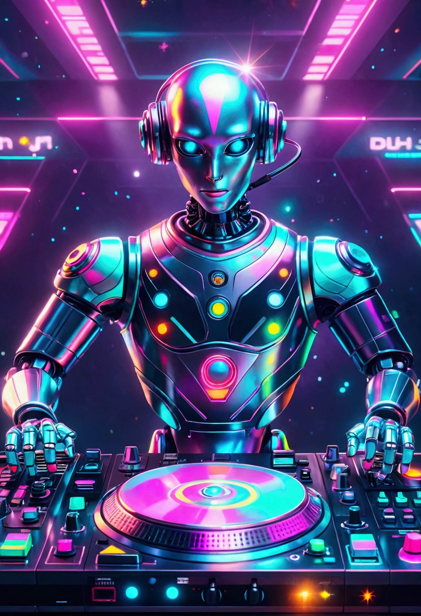 A scene depicting an unknown alien-blooded alien robot DJ spinning records in a typical cosmic nightclub. This alien robot DJ features smooth metallic components, glowing skin, an advanced holographic control panel for interacting with the crowd, and agile limbs to operate a variety of music equipment, such as turntables, mixers, and samplers. The scene is filled with typical interstellar club details, such as illuminated dance floor areas, signs written in alien script, and a range of cutting-edge sound equipment. Despite his alien robotic appearance, he still conveys excitement and commitment to the art of DJing, which are inherent qualities of a DJ. Realistic, 3D, C4D rendering, photography.