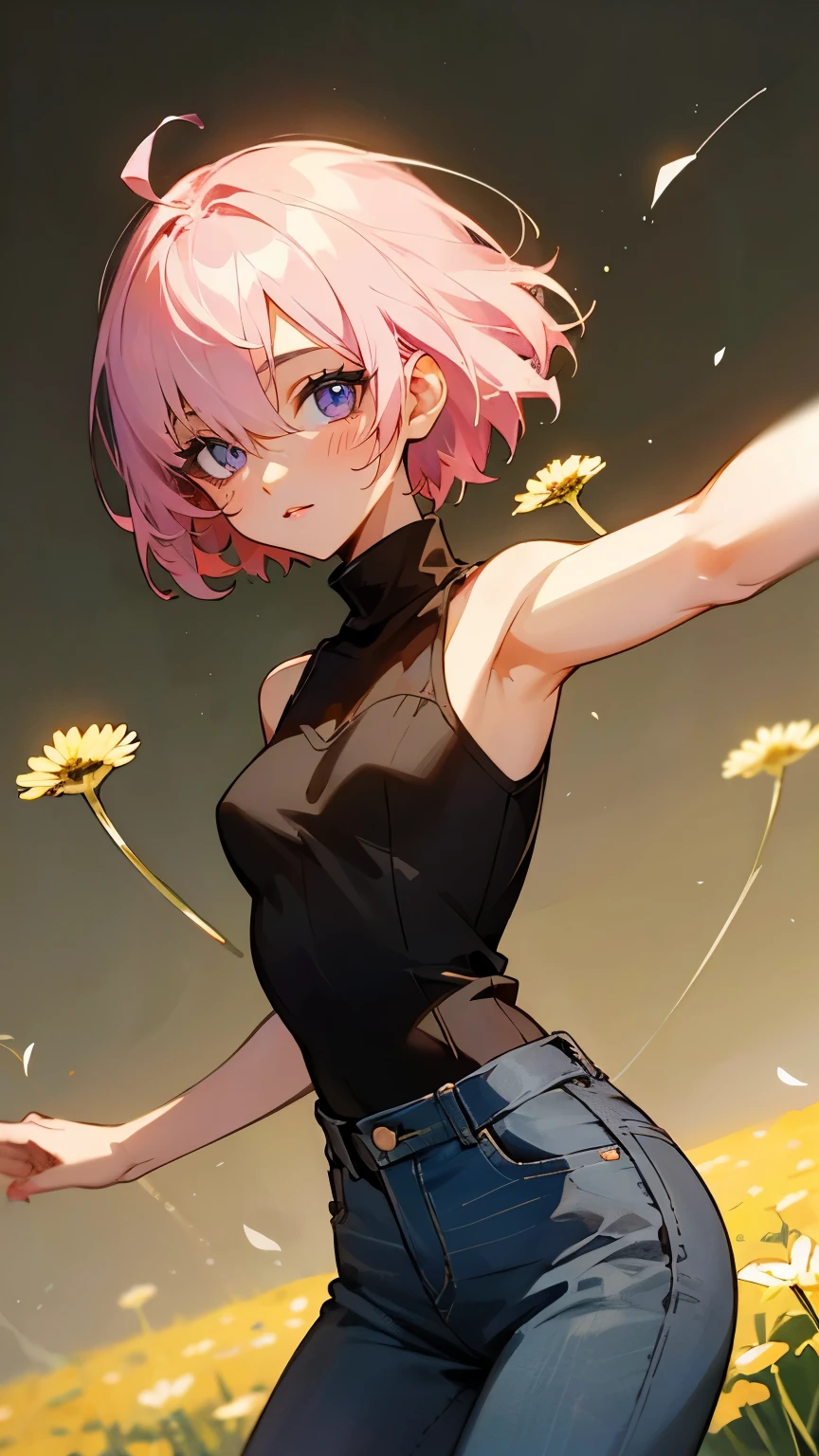 ((masterpiece)), (Top quality portraits), 1 Female, With dandelions, (Hair on one eye), Pink short haircut, Wearing a black turtleneck sleeveless T-shirt, Denim pants, In the dandelion field, Beautiful eyes in every detail, Gorgeous face with attention to detail, Perfect body, Dynamic pose, Perfect Shading, Intricate details, Pixiv, Krentz Kuschaert, (Hair on one eye), Brown Pixie Haircut,
